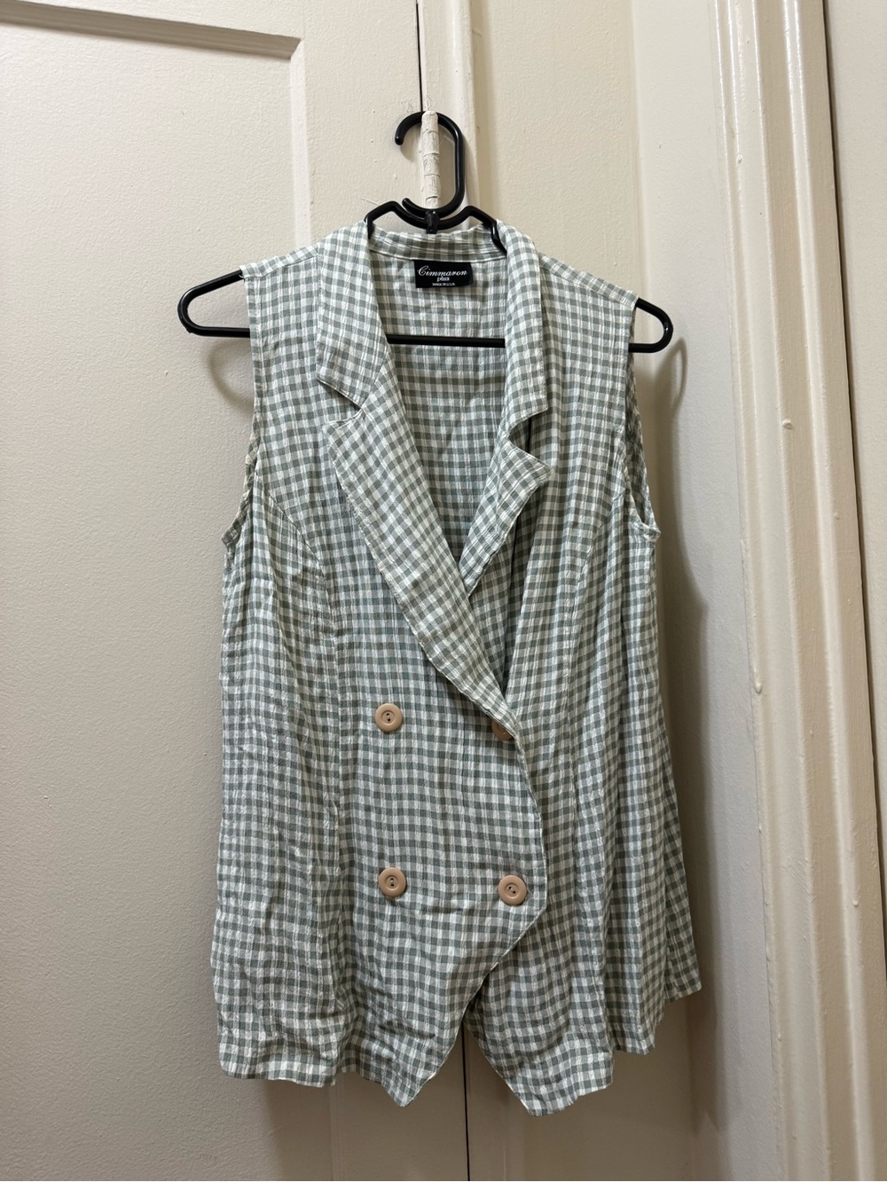 Gingham Sleeveless Double-Breasted Vest in Sage Green